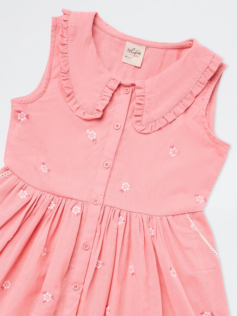 Utsa Kids Girls Pink Floral Embroidered Cotton-Blend A-Line Dress -(8-14 yrs)