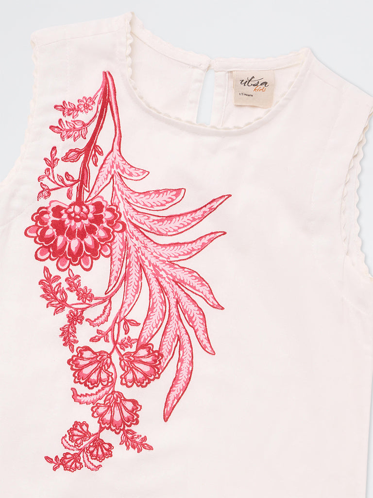 Utsa Kids Girls White Floral Printed Cotton-Blend Shift Dress - (8-14 yrs)