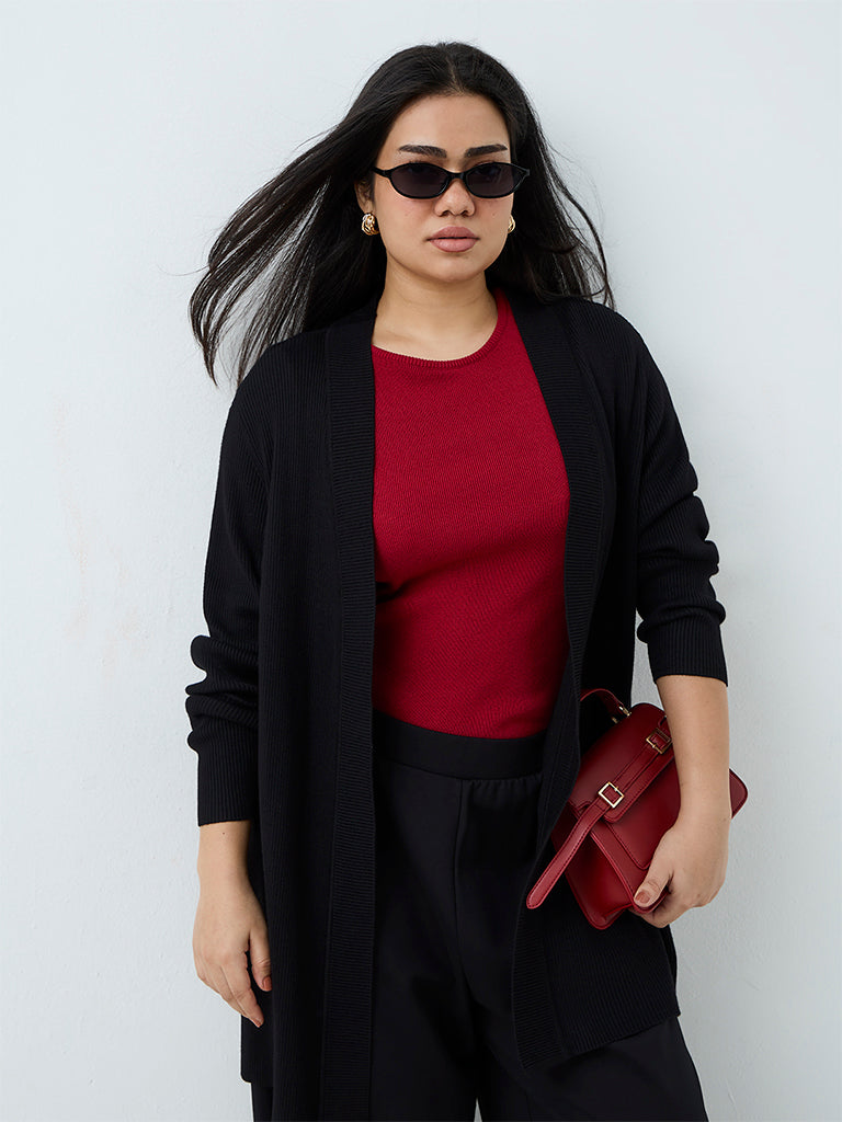 Gia Black Ribbed-Knit Longline Cardigan