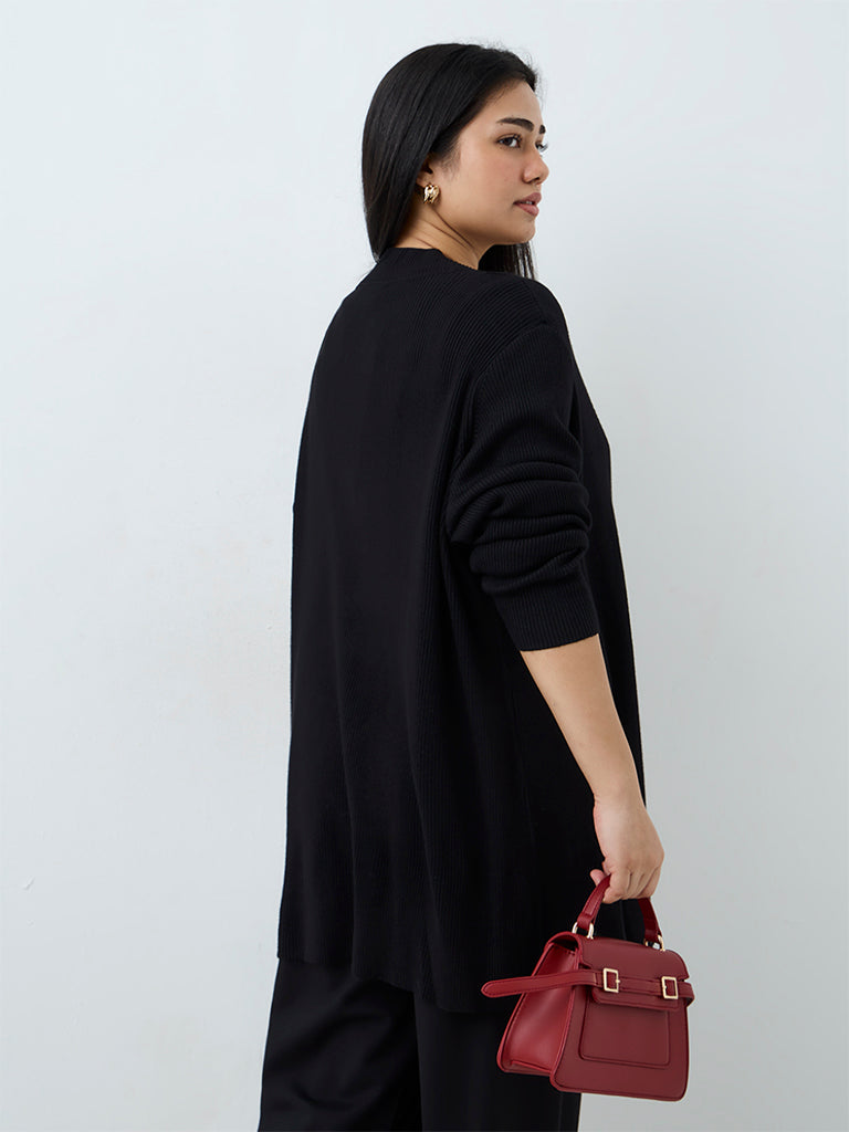 Gia Black Ribbed-Knit Longline Cardigan