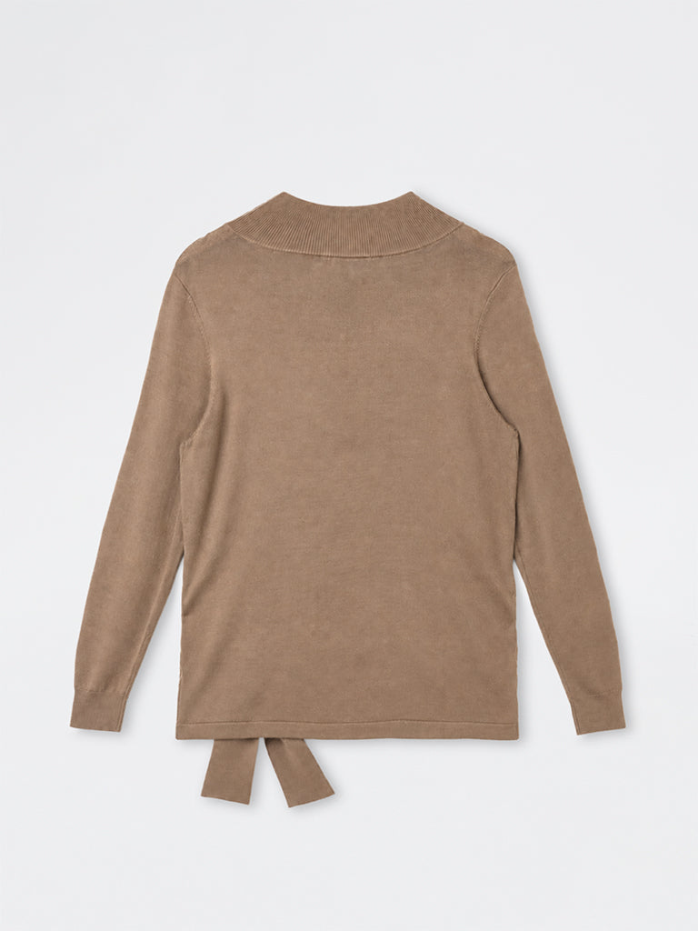 Gia Brown Solid Sweater with Tie-Up Detail