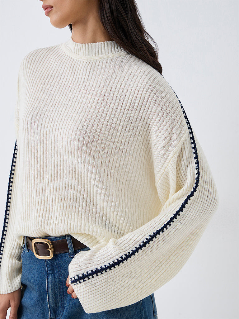 LOV Off-White Contrast-Detail Ribbed-Knit Sweater
