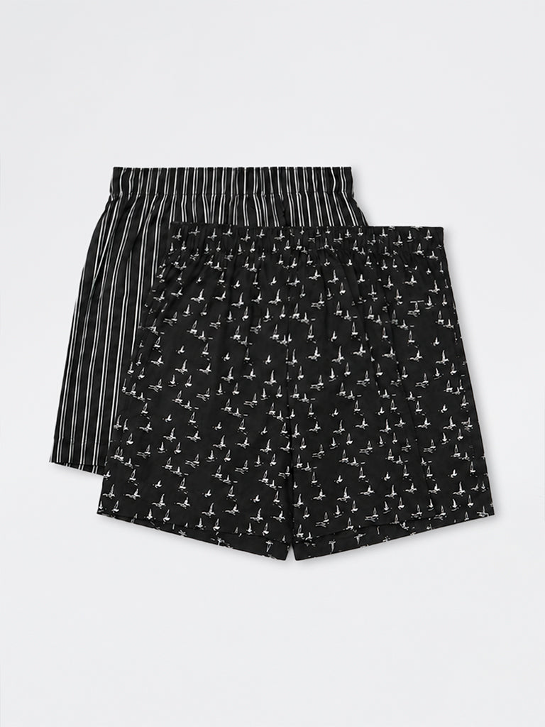 WES Lounge Black Printed Relaxed-Fit Cotton Boxers - Pack of 2
