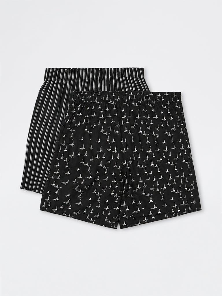 WES Lounge Black Printed Relaxed-Fit Cotton Boxers - Pack of 2