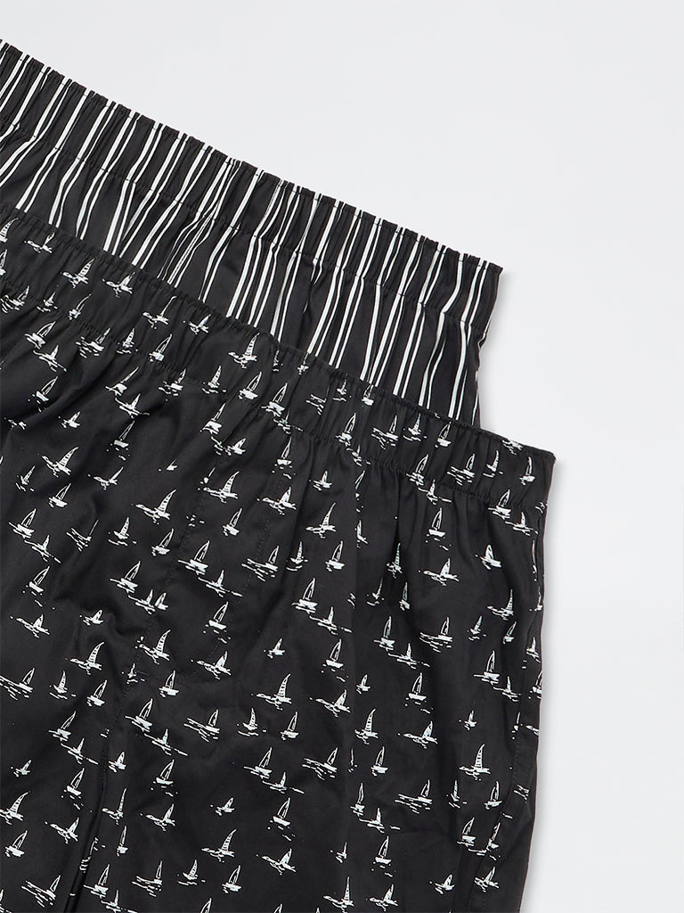 WES Lounge Black Printed Relaxed-Fit Cotton Boxers - Pack of 2