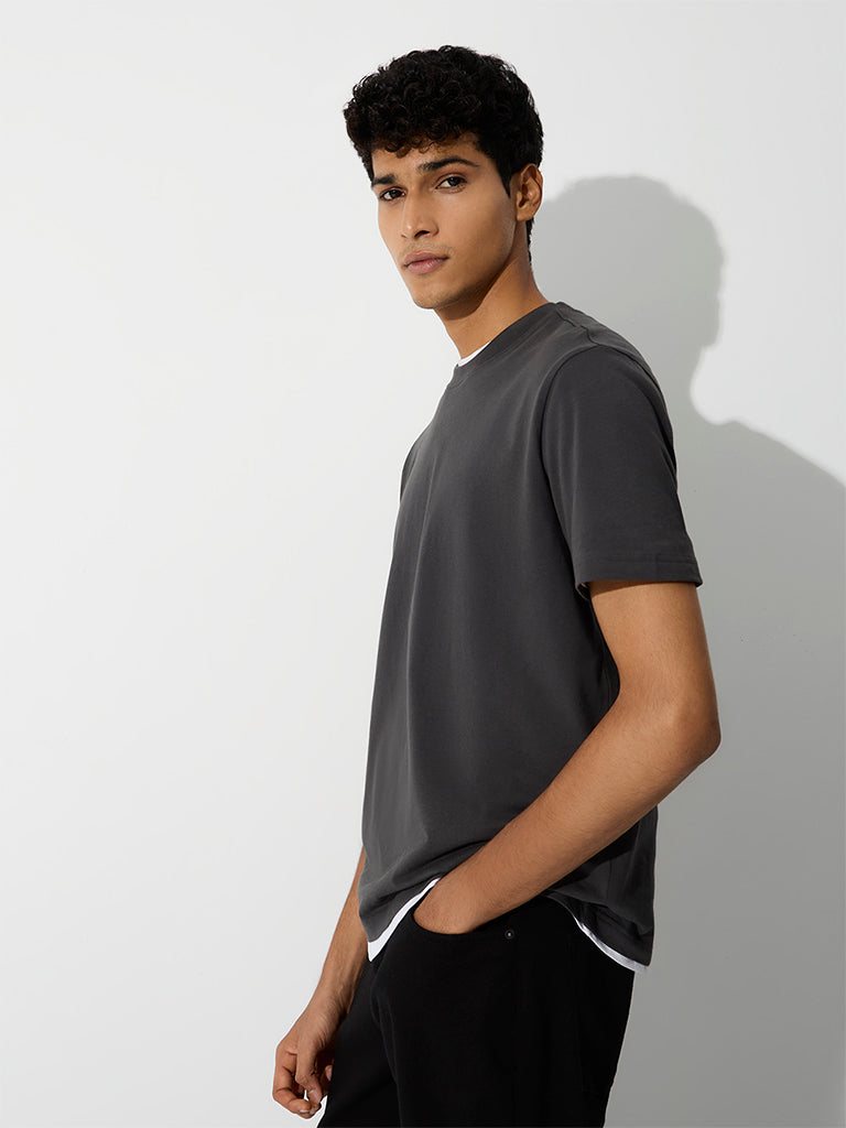 WES Casuals Dark Grey Relaxed-Fit Cotton T-Shirt