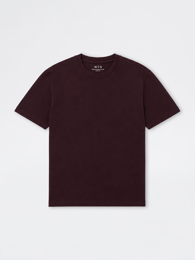WES Casuals Wine Solid Relaxed-Fit Cotton T-Shirt