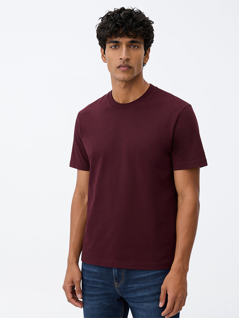 WES Casuals Wine Solid Relaxed-Fit Cotton T-Shirt