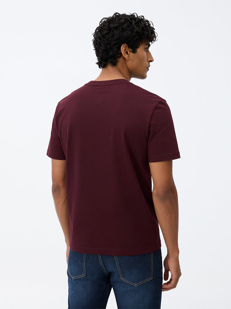 WES Casuals Wine Solid Relaxed-Fit Cotton T-Shirt