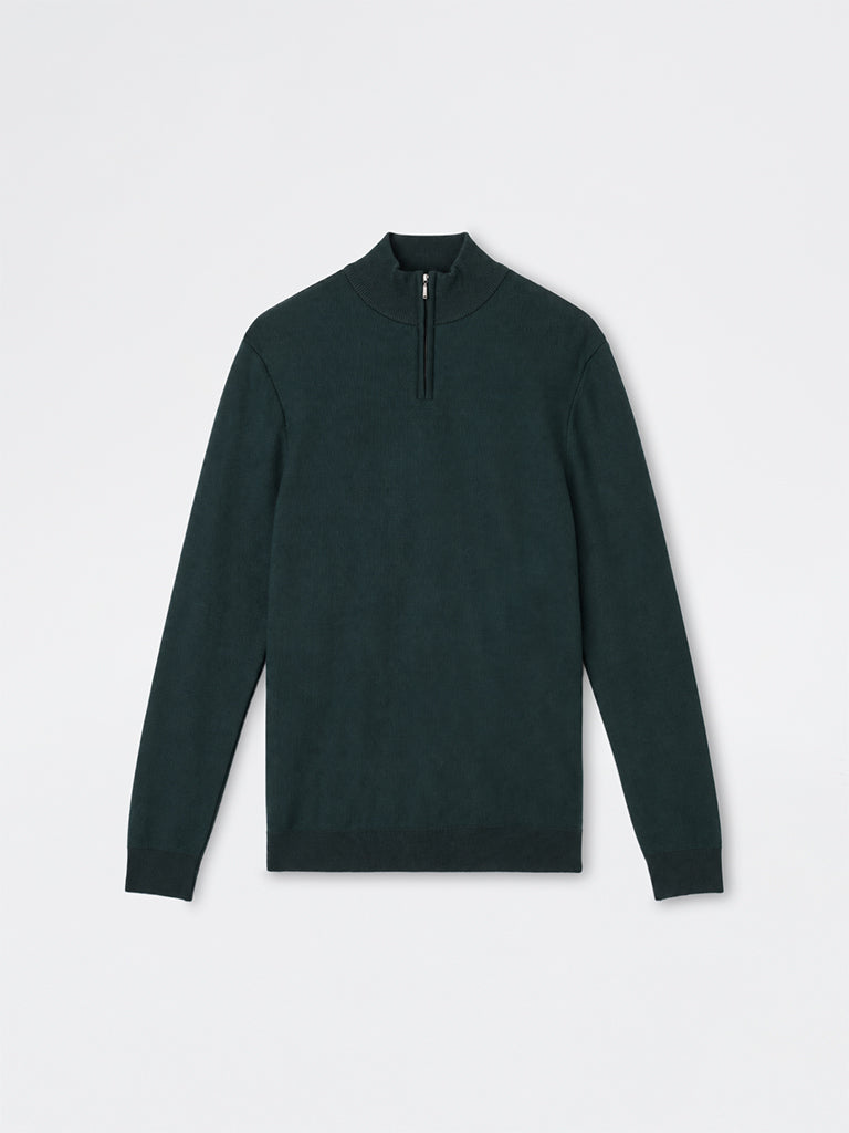 WES Formals Green Knit-Textured Quarter-Zip Slim-Fit Sweater