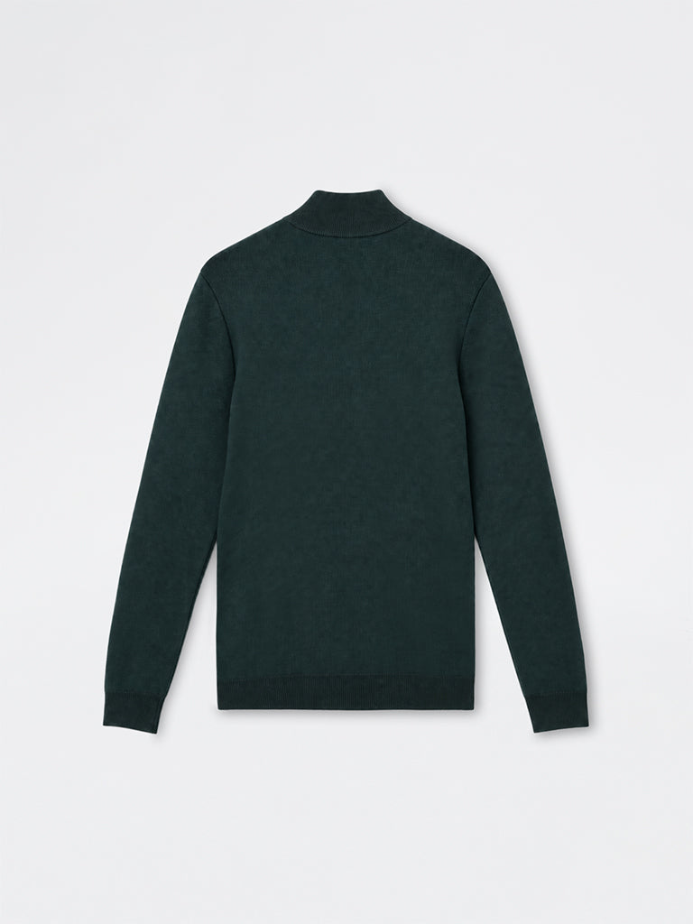 WES Formals Green Knit-Textured Quarter-Zip Slim-Fit Sweater