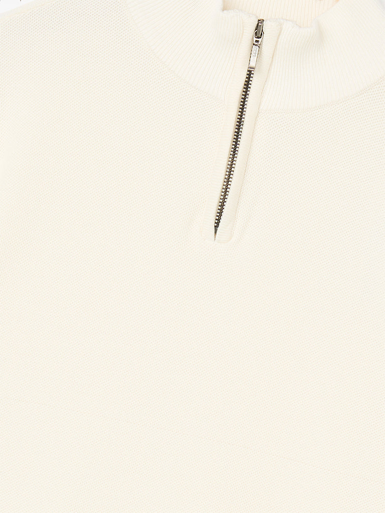WES Formals Cream Knit-Textured Quarter-Zip Slim-Fit Sweater