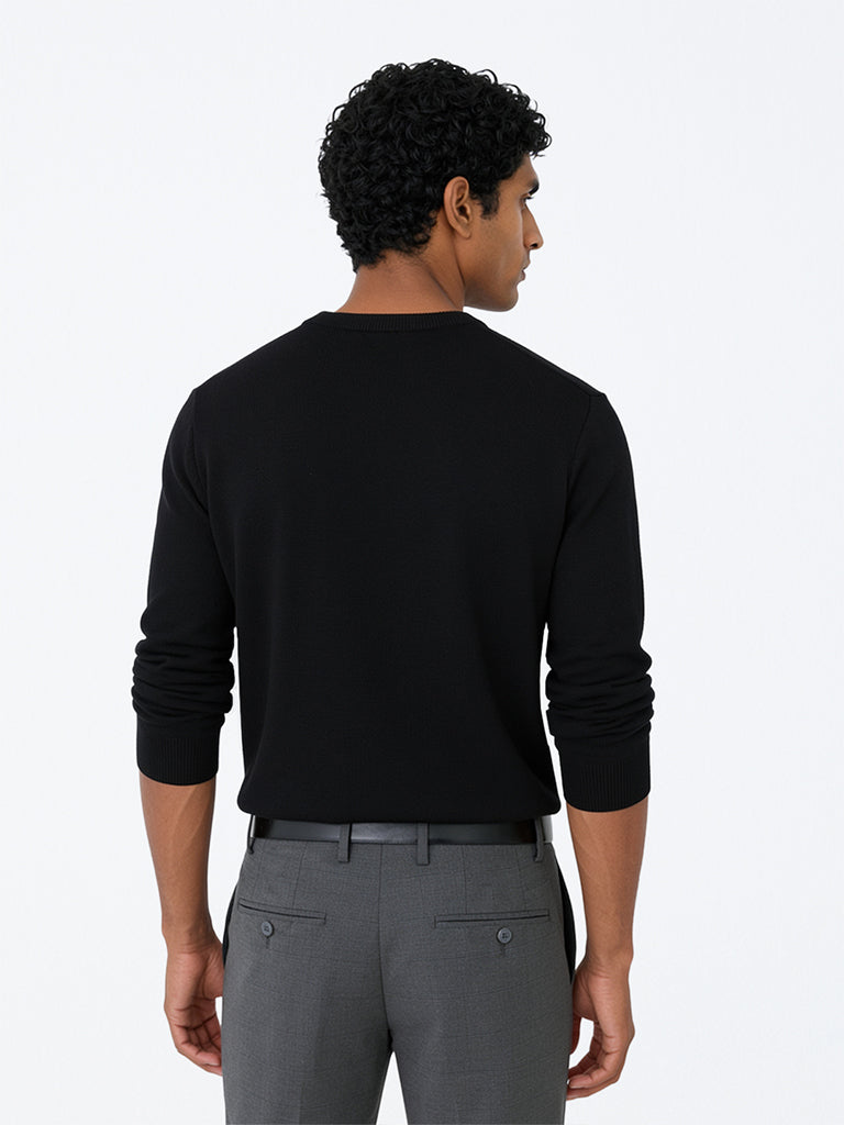 WES Formals Black Solid Slim-Fit Sweater