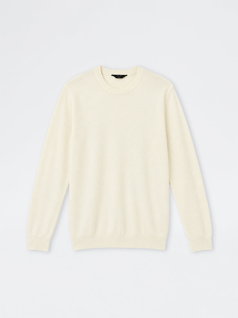WES Formals Cream Solid Slim-Fit Sweater