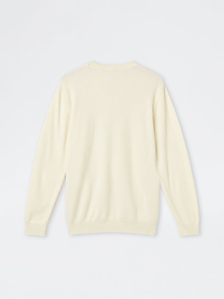 WES Formals Cream Solid Slim-Fit Sweater