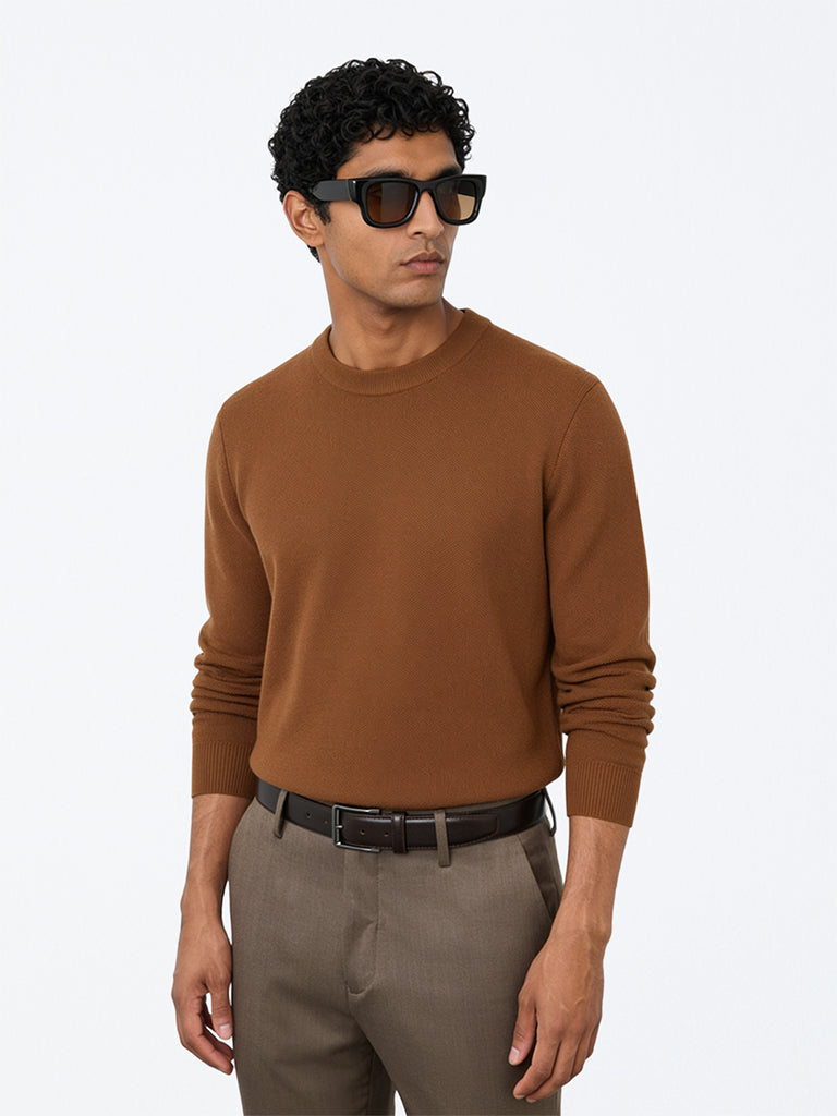 WES Formals Tan Solid Slim-Fit Sweater