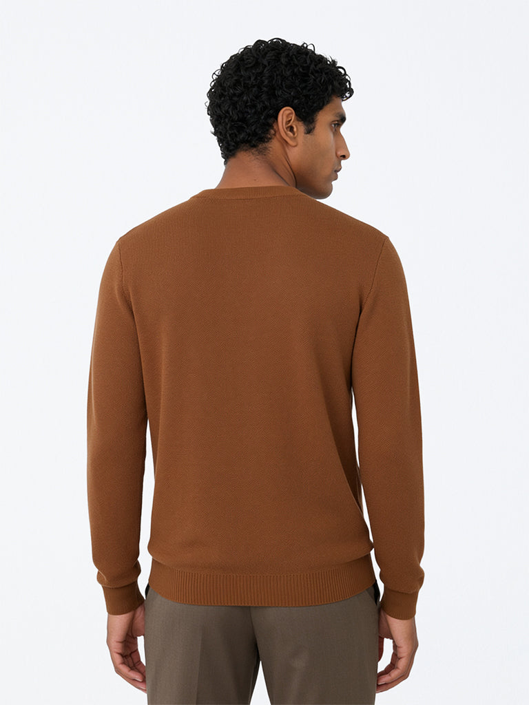 WES Formals Tan Solid Slim-Fit Sweater