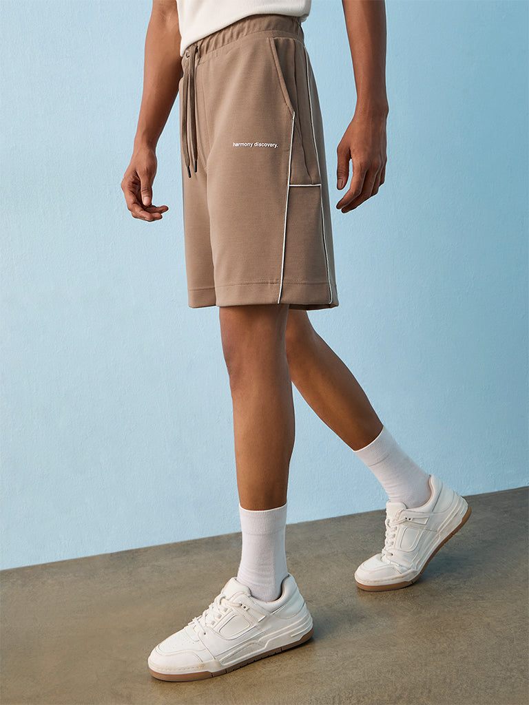 Nuoflexx Taupe Text Embossed Relaxed-Fit Mid-Rise Shorts