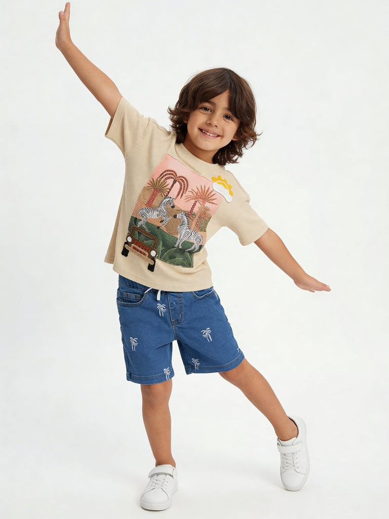 HOP Kids Boys Blue Embroidered Drawstring Denim Shorts