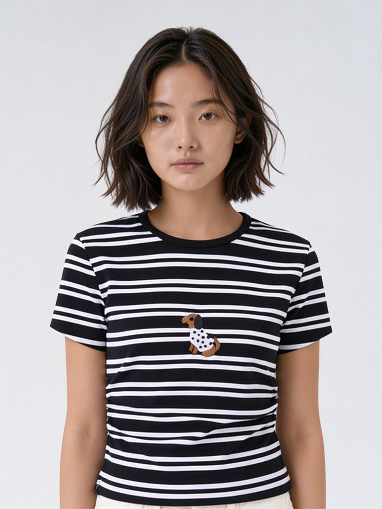 Girls Black Striped Cotton-Blend T-Shirt