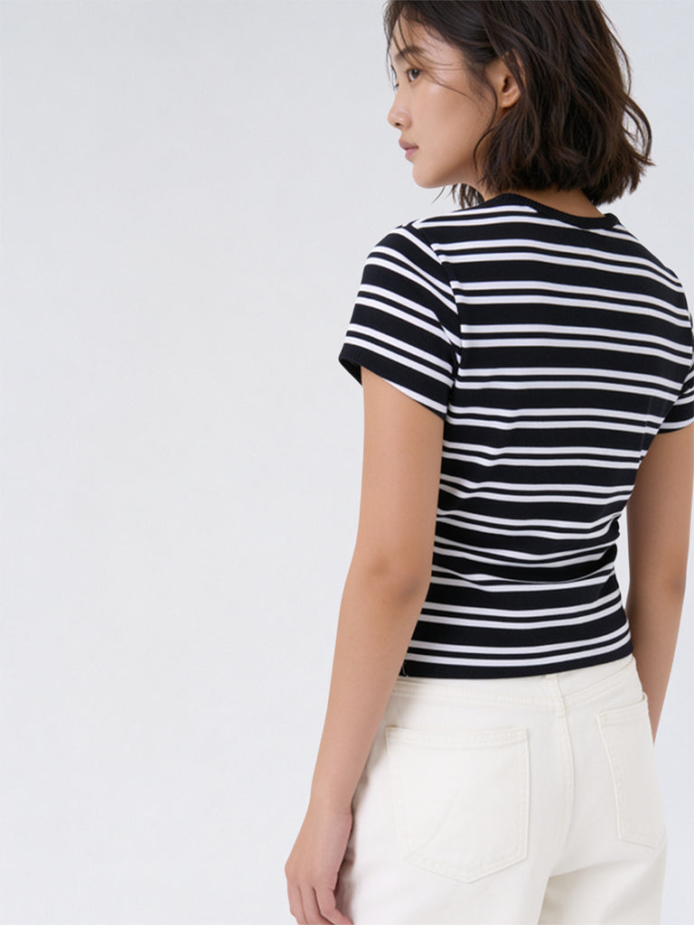 Girls Black Striped Cotton-Blend T-Shirt