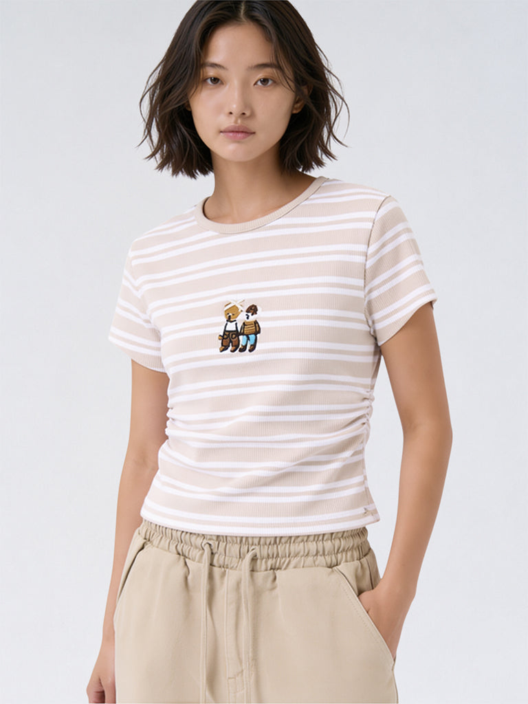 Girls Beige Striped Cotton-Blend T-Shirt
