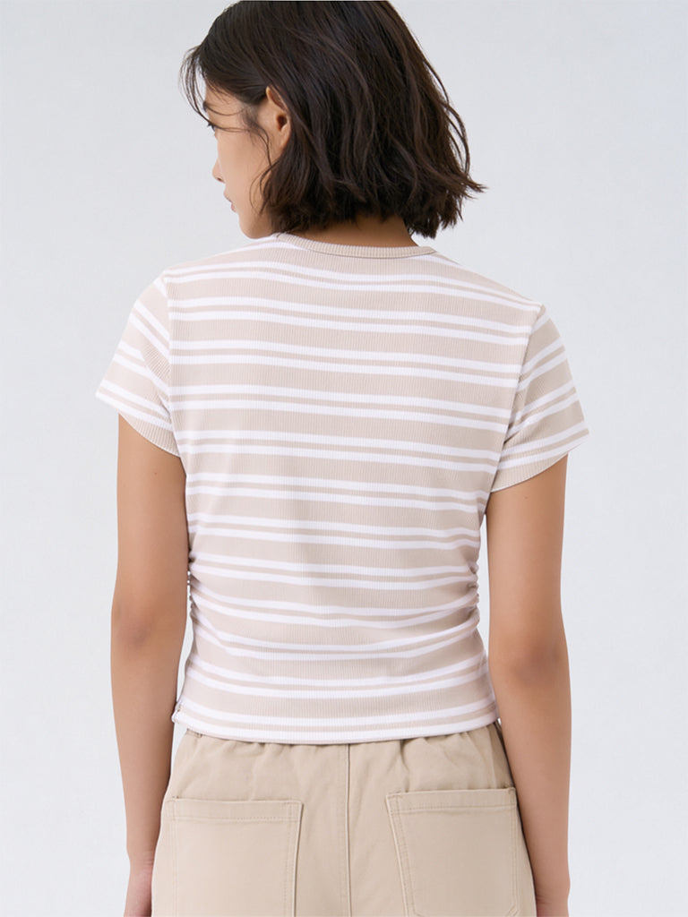 Girls Beige Striped Cotton-Blend T-Shirt