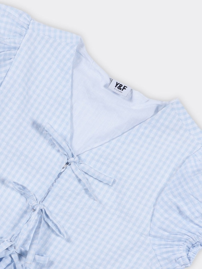 Girls Blue Gingham Check Cotton Top