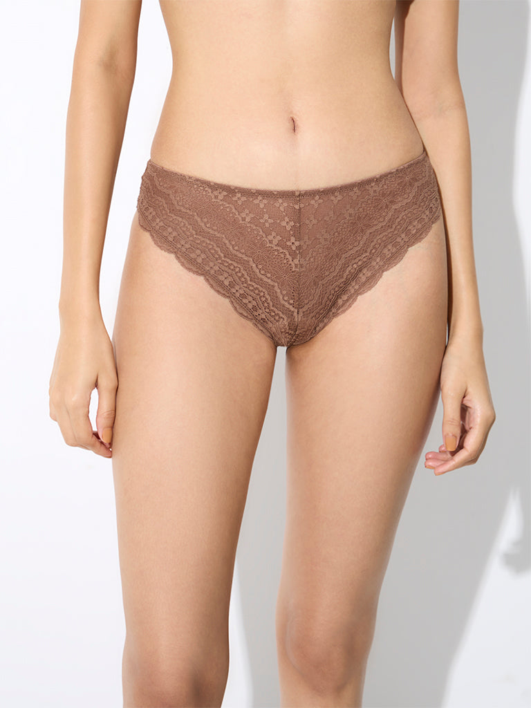 Wunderlove Brown Lace Design Brazilian Briefs