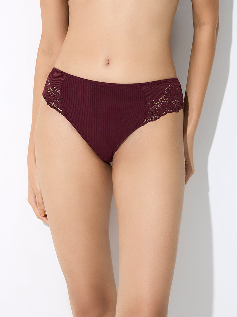 Wunderlove Burgundy Floral Lace Detailed Hipster Briefs