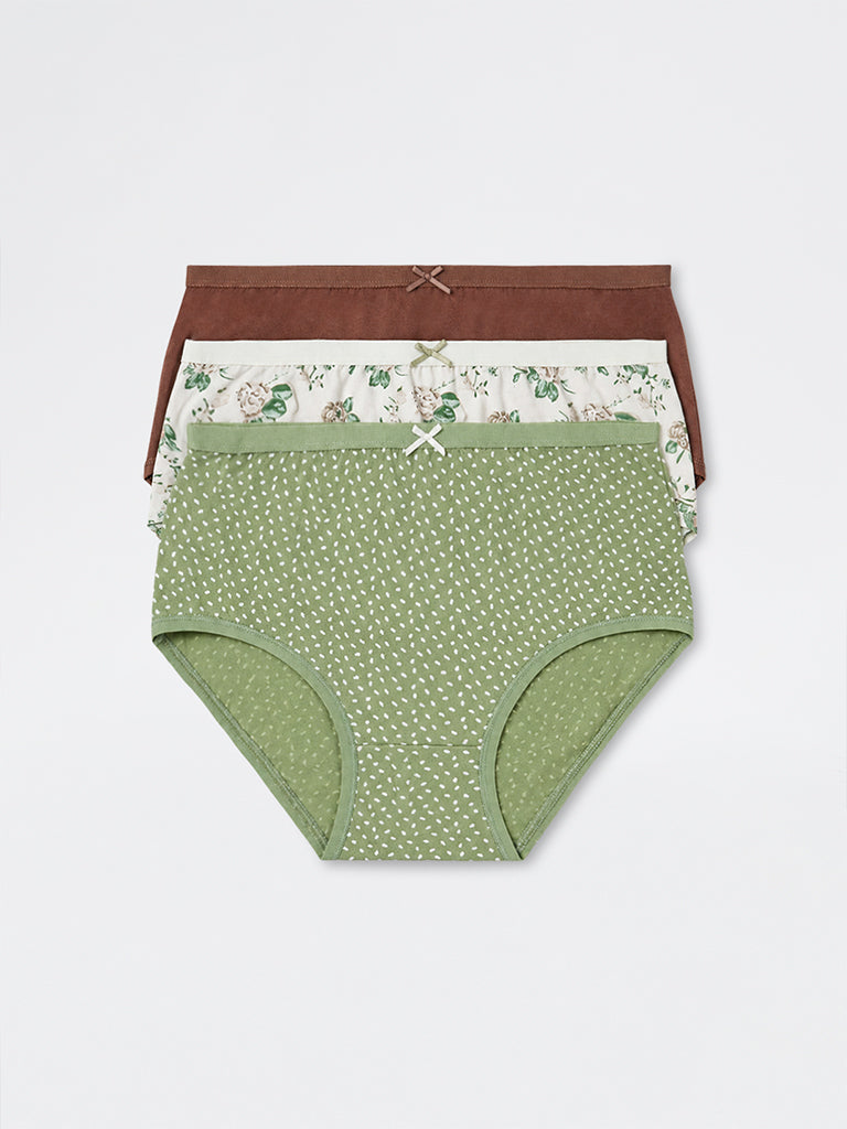 Wunderlove White Floral Printed Cotton-Blend High-Rise Briefs - Pack of 3