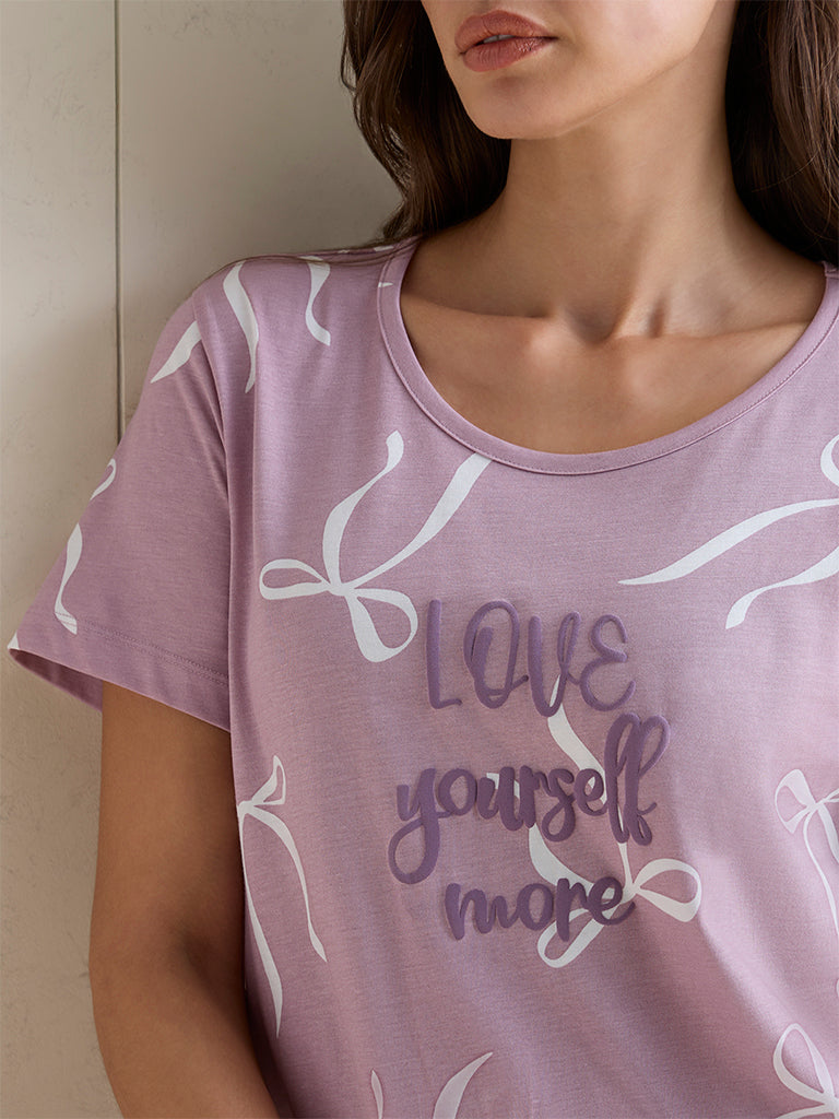 Wunderlove Mauve Bow Printed Cotton T-Shirt and Shorts Set
