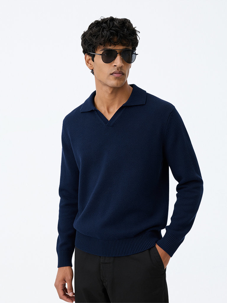 WES Casuals Navy Solid Relaxed-Fit Sweater