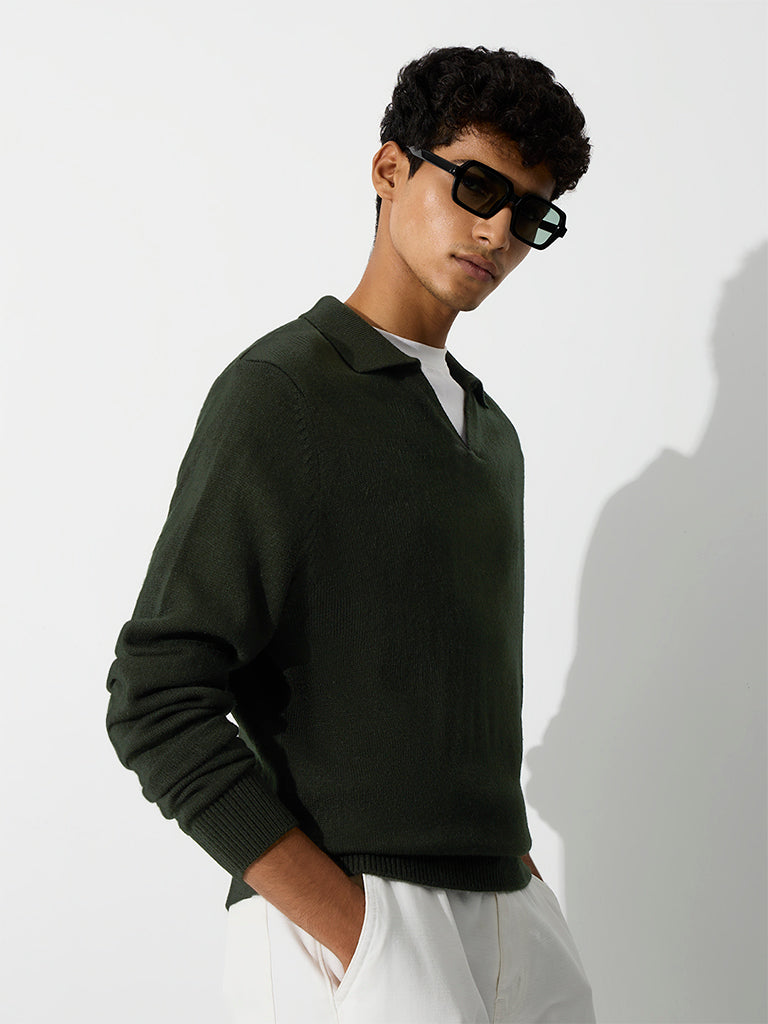 WES Casuals Dark Green Relaxed-Fit Sweater