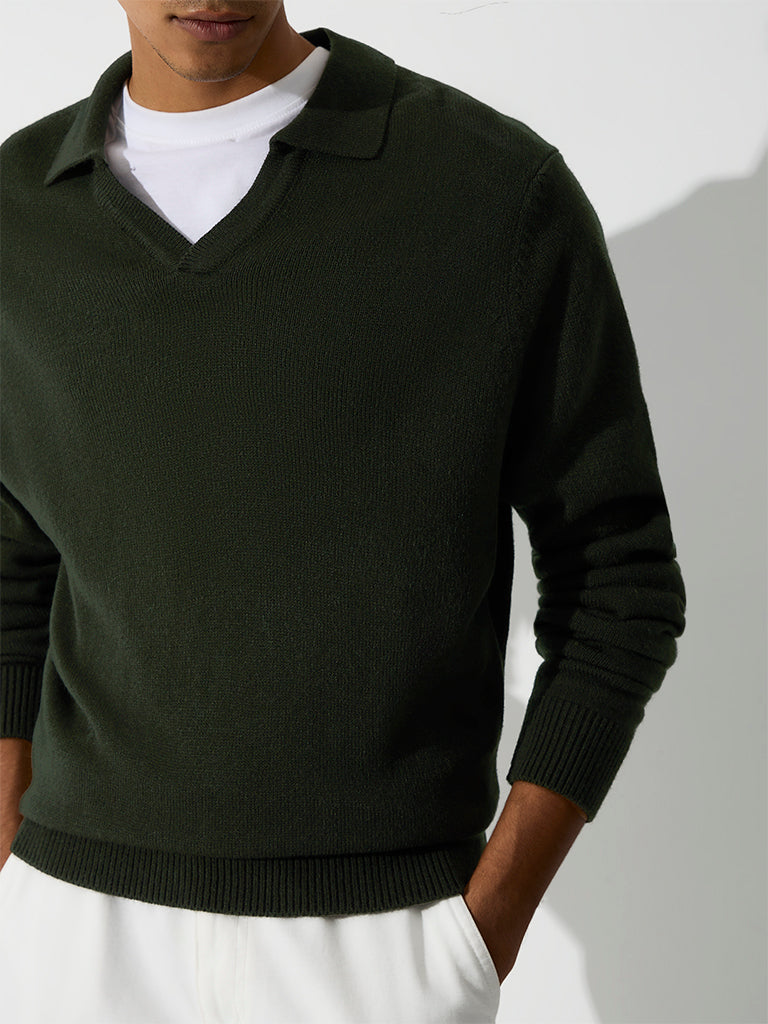 WES Casuals Dark Green Relaxed-Fit Sweater