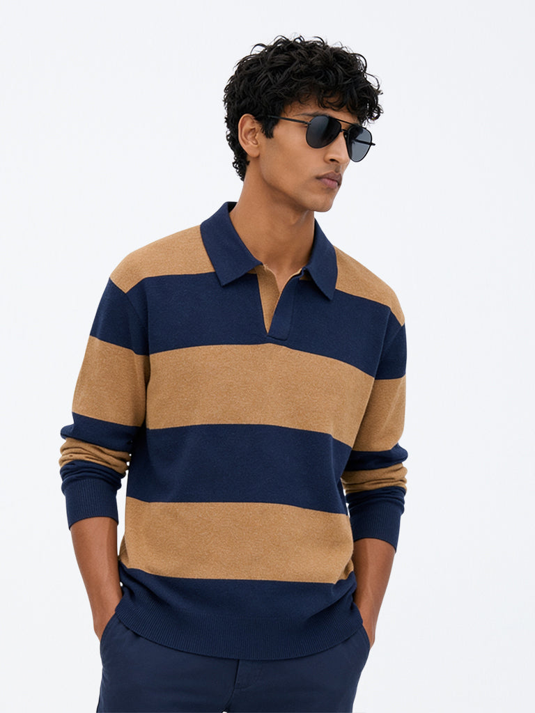 WES Casuals Navy and Brown Relaxed-Fit Cotton-Blend Sweater