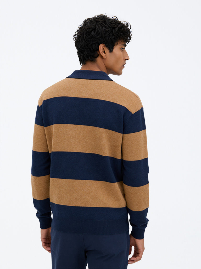 WES Casuals Navy and Brown Relaxed-Fit Cotton-Blend Sweater