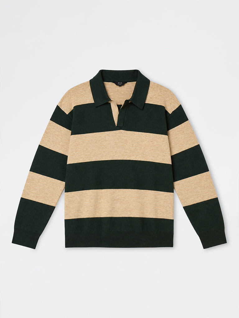 WES Casuals Dark Green Striped Relaxed-Fit Sweater