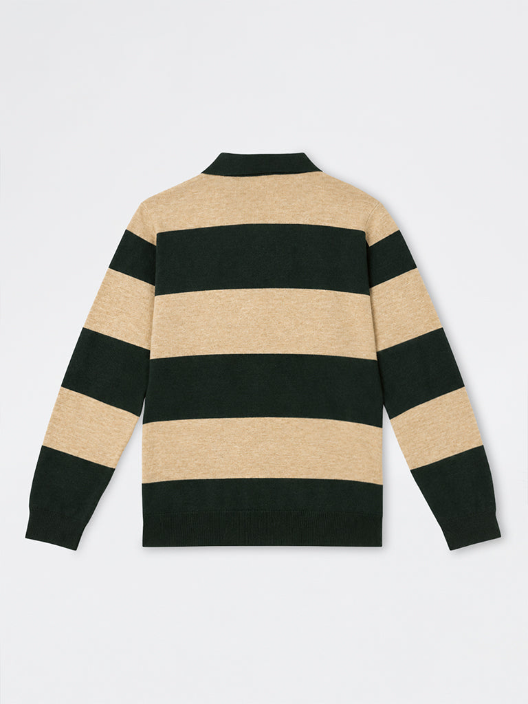 WES Casuals Dark Green Striped Relaxed-Fit Sweater