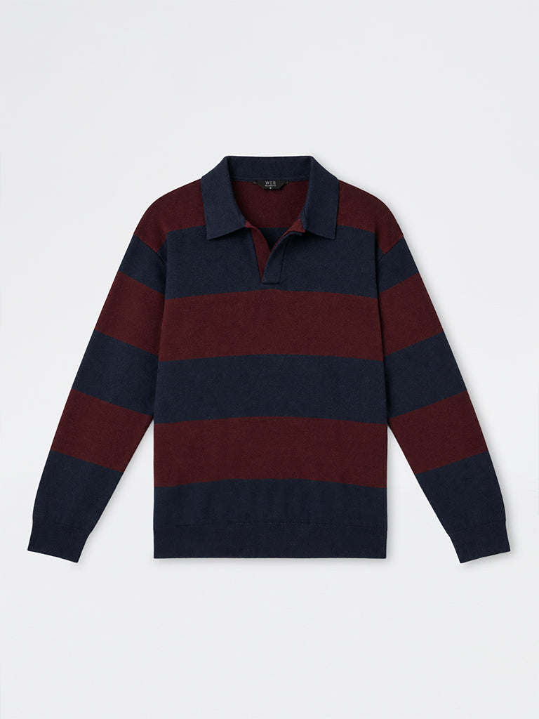 WES Casuals Wine Striped Relaxed-Fit Sweater