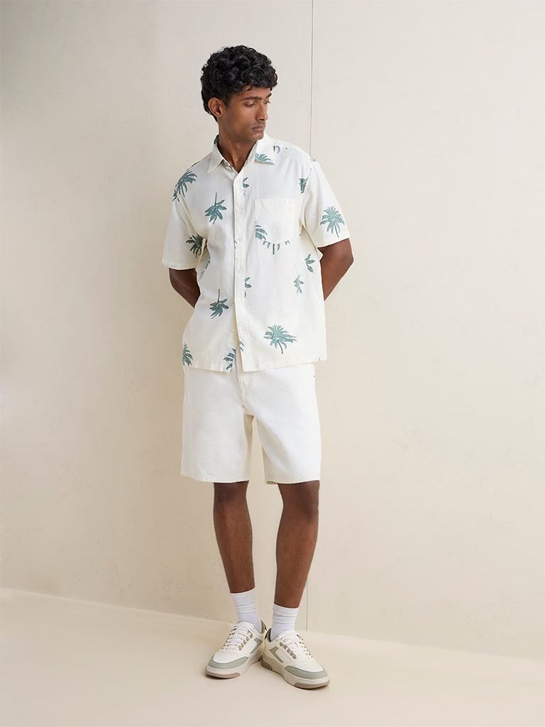 WES Casuals Off-White Botanical Printed Relaxed-Fit Shirt