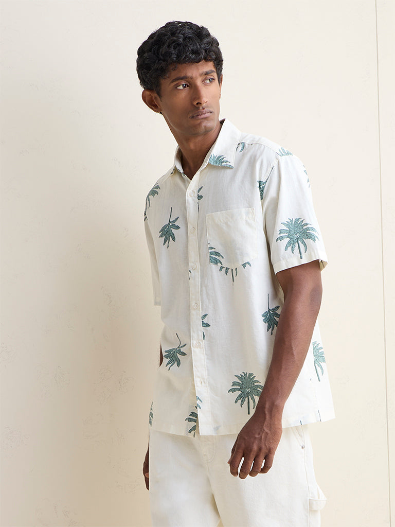 WES Casuals Off-White Botanical Printed Relaxed-Fit Shirt