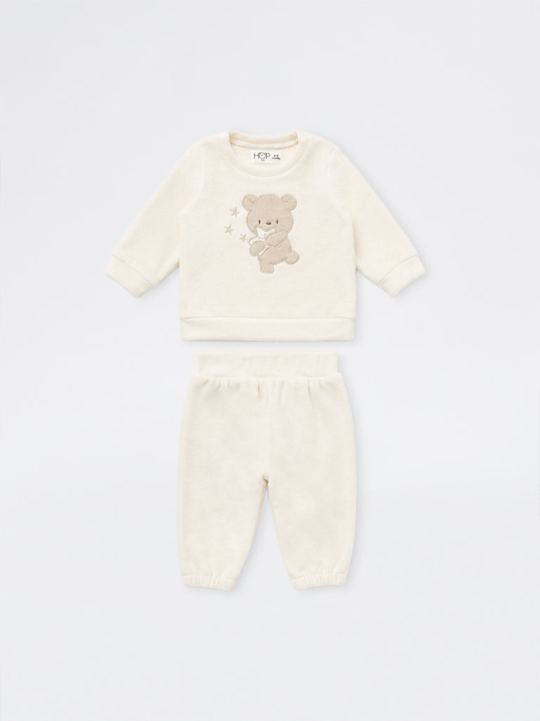 HOP Baby Boys Off-White Teddy Embroidered Sweatshirt and Pants Set