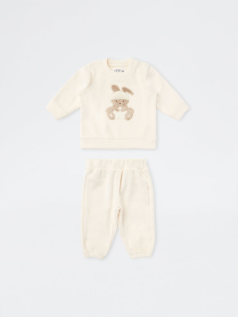 HOP Baby Boys Off-White Bunny Design Sweatshirt and Joggers Set