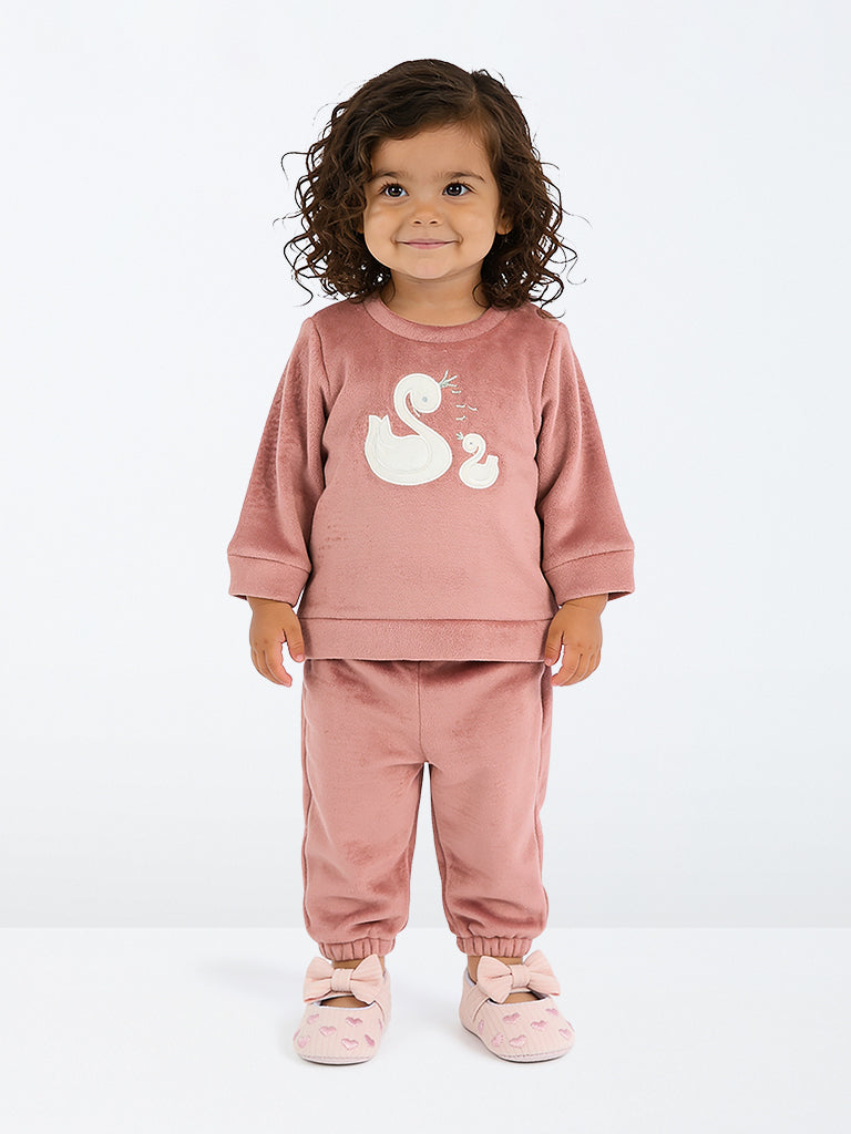 HOP Baby Girls Pink Swan Embroidered Velour Sweatshirt and Joggers Set