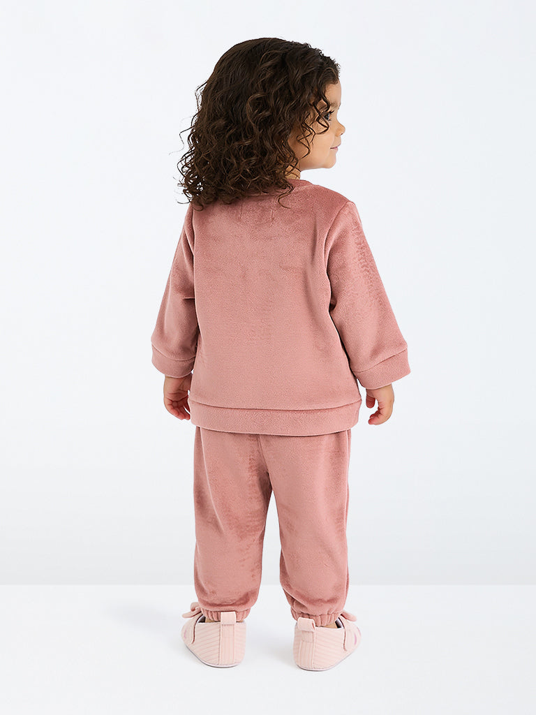 HOP Baby Girls Pink Swan Embroidered Velour Sweatshirt and Joggers Set