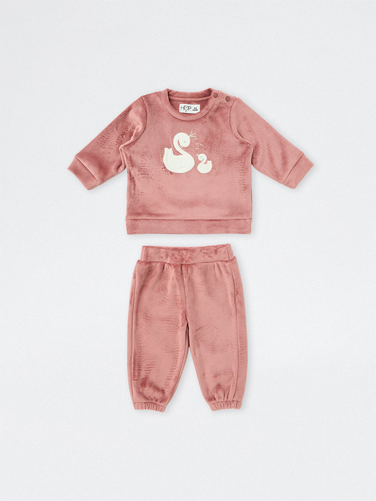 HOP Baby Girls Pink Swan Embroidered Velour Sweatshirt and Joggers Set