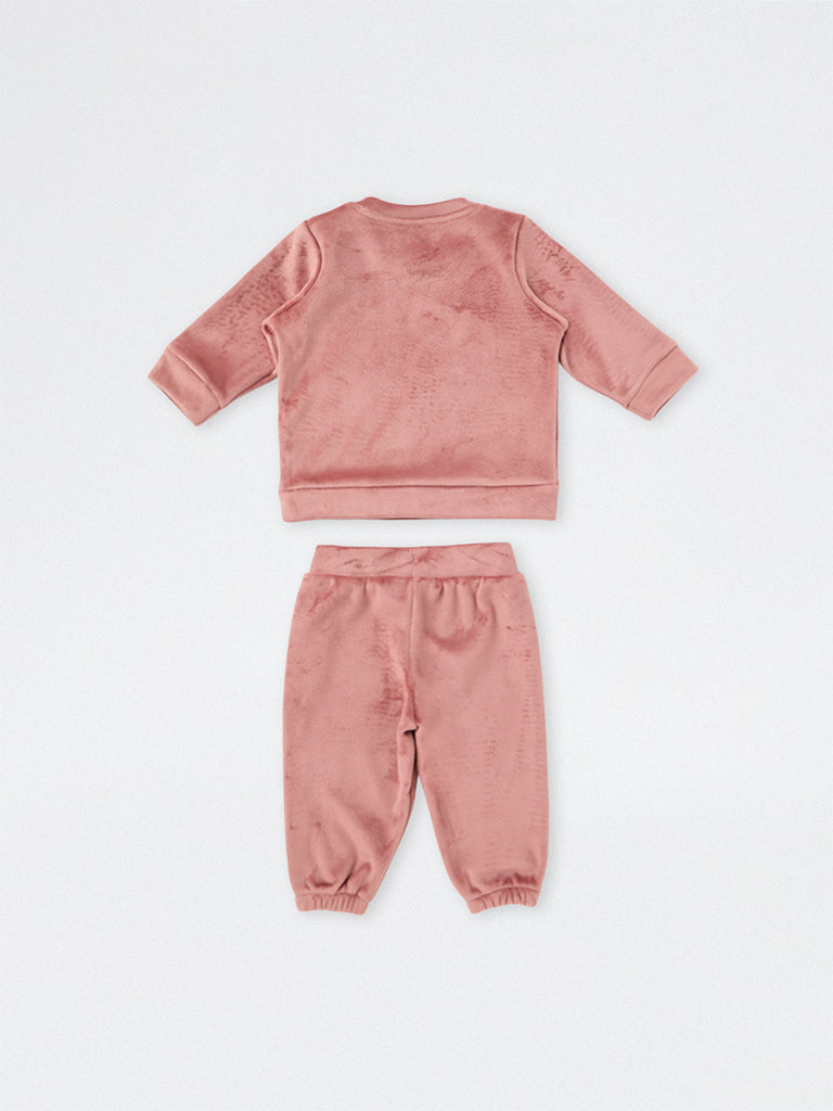 HOP Baby Girls Pink Swan Embroidered Velour Sweatshirt and Joggers Set