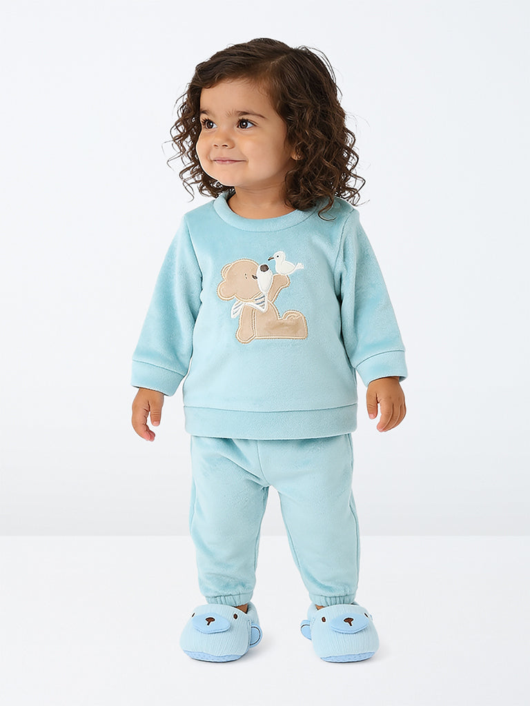HOP Baby Girls Sea Blue Animal Embroidered Sweatshirt and Pants Set