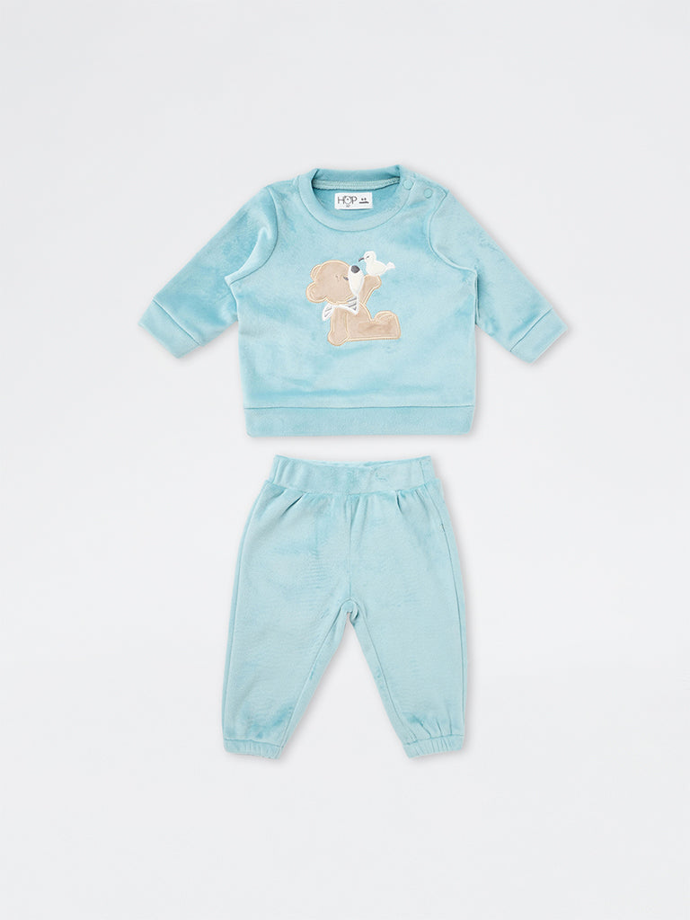 HOP Baby Girls Sea Blue Animal Embroidered Sweatshirt and Pants Set